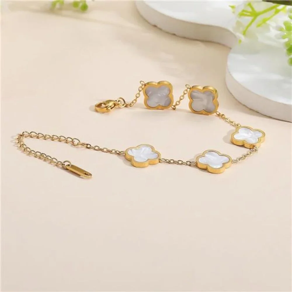 18K Gold Plated Clover Lucky Bracelet for Women White Flower - Picture 3 of 6
